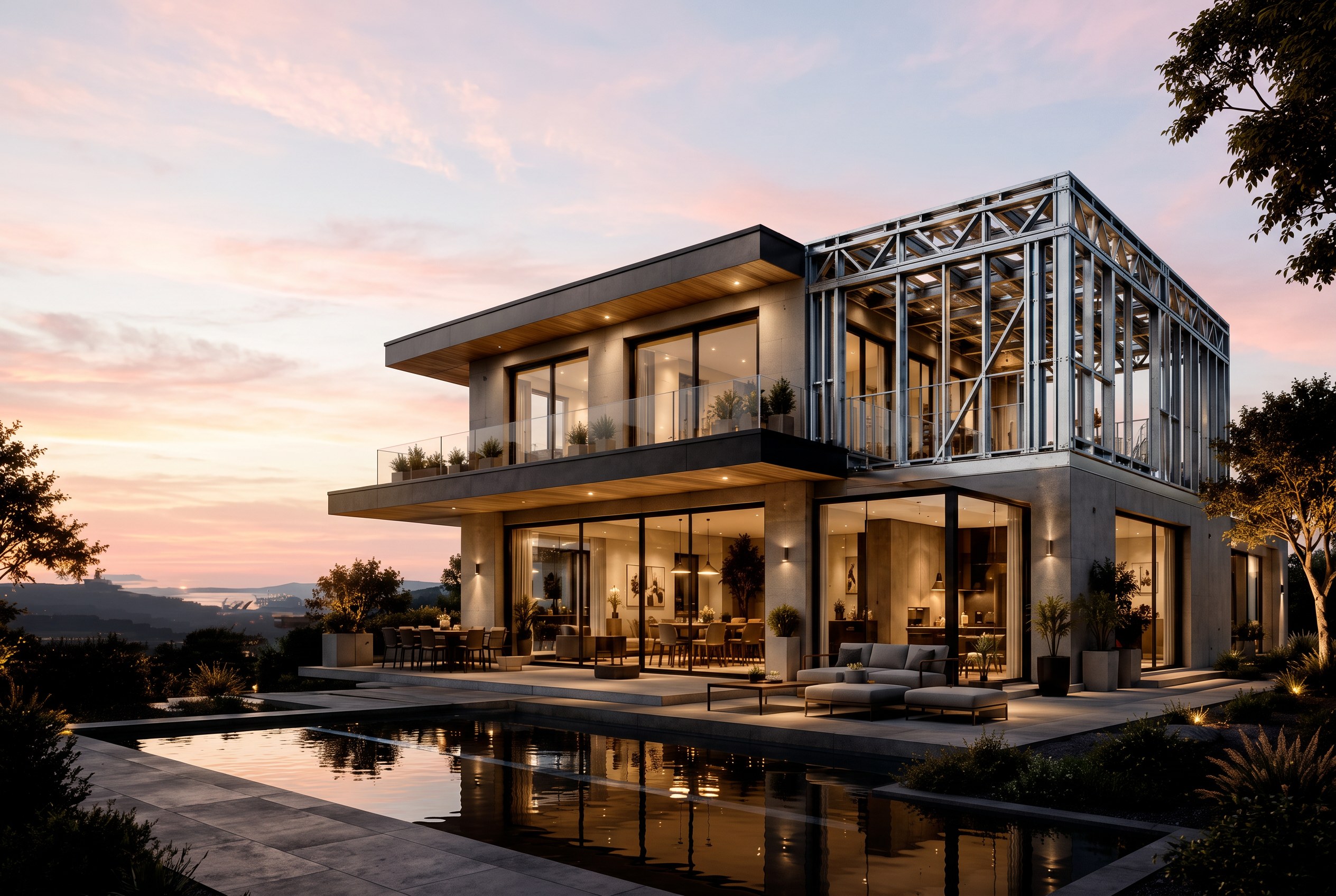 Villa ViTAH de estructura de acero al atardecer