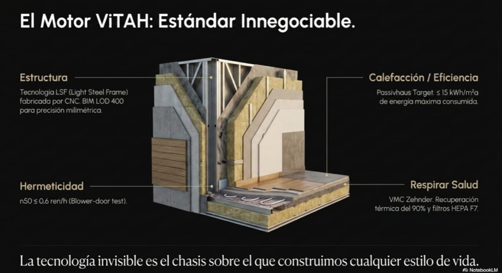 Diagrama constructivo del Motor ViTAH: estructura LSF, hermeticidad, eficiencia Passivhaus y ventilación mecánica