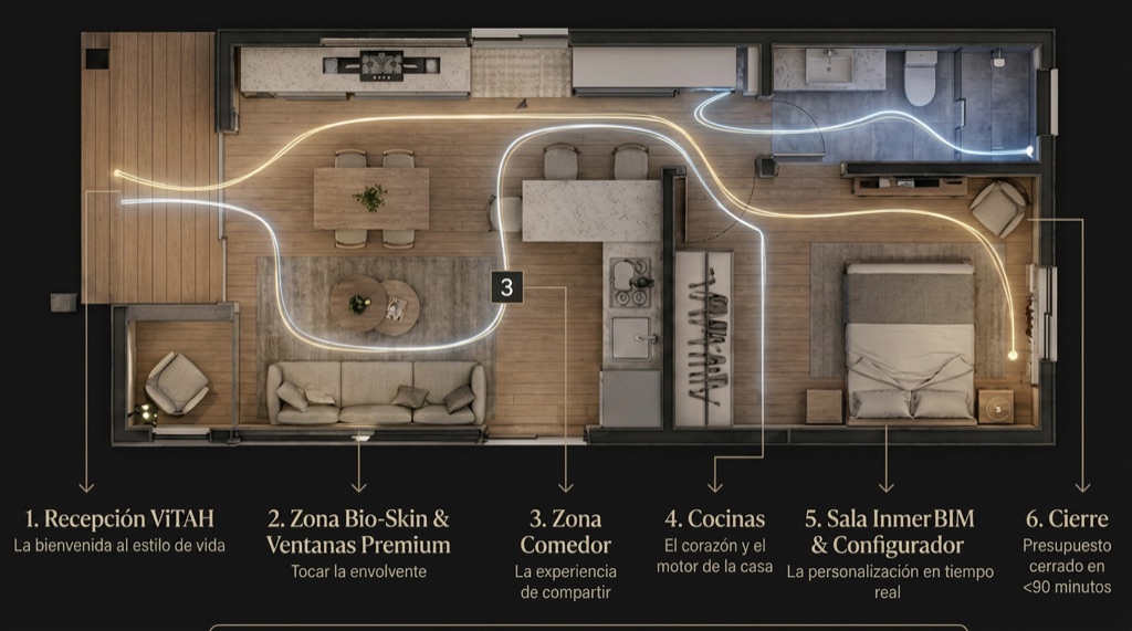 Plano del showroom ViTAH con recorrido de experiencia