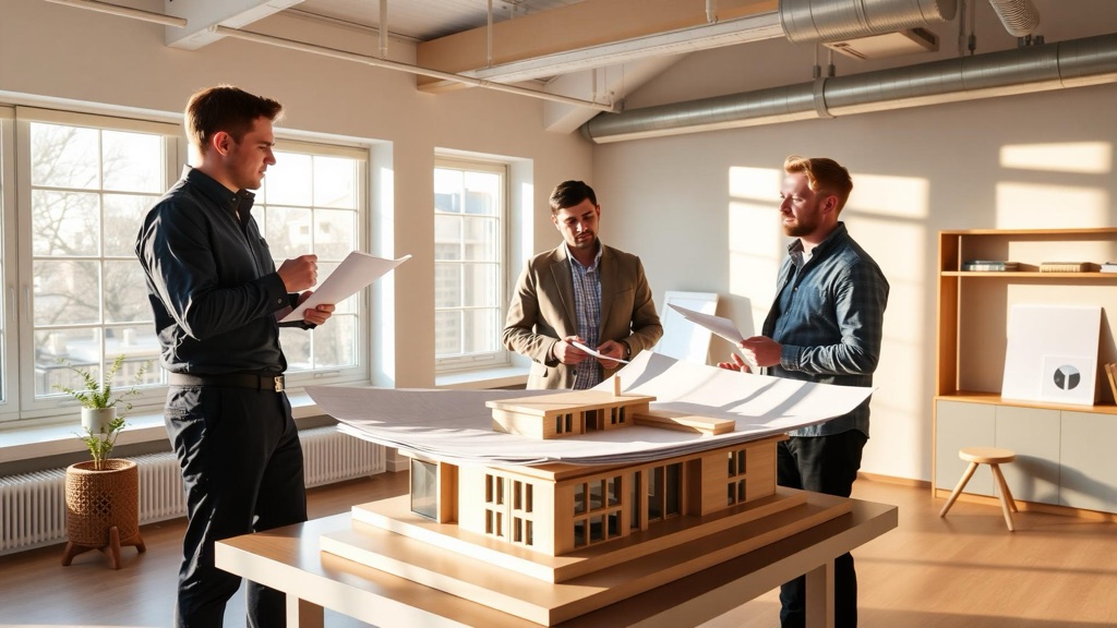 Revisión de planos sobre la maqueta de una vivienda en el estudio