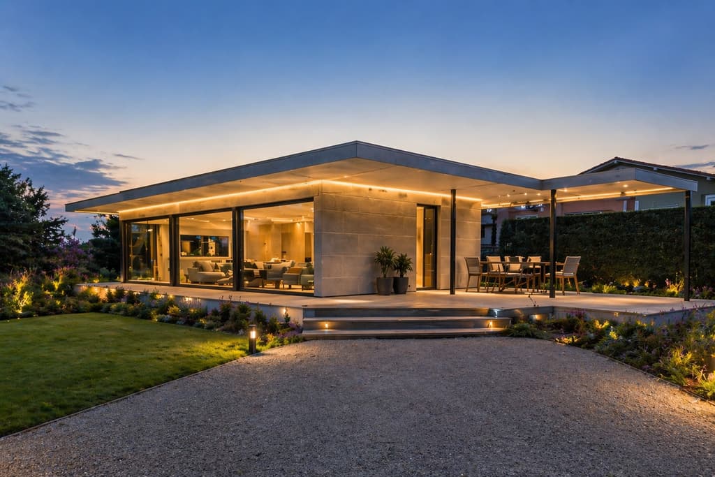 Render de la vivienda unifamiliar ViTAH terminada, al anochecer